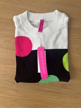 Zaket & Plover Women's White Crewneck Sweater with Neon Dot Accents